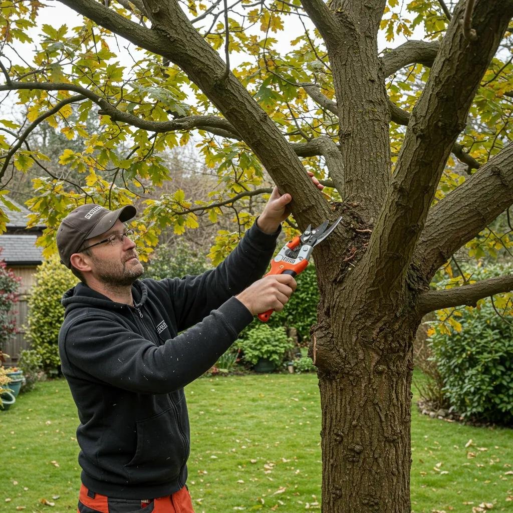 Certified arborist pruning an oak tree to enhance its health and structure, promoting air circulation and sunlight penetration.