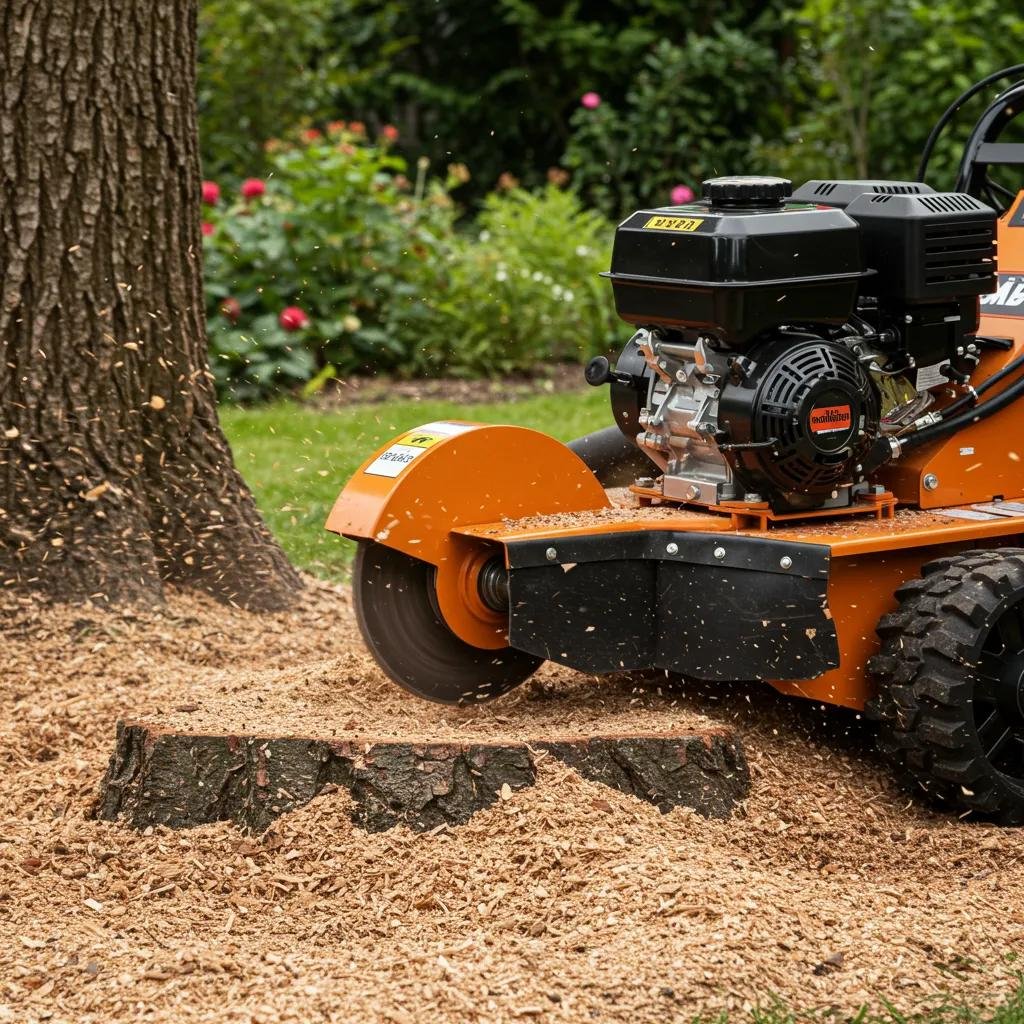 Close-up of a stump grinder in action, grinding a tree stump into wood chips in a garden setting, demonstrating the stump grinding process for landscape clearing.