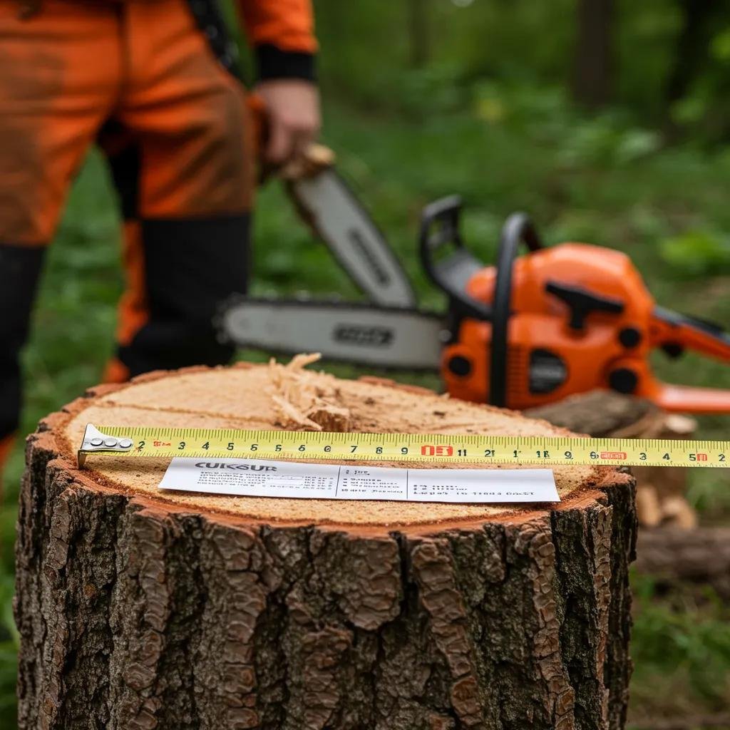 Close-up of a tree stump with measuring tape and tools, including a chainsaw, demonstrating tree removal process and associated costs.