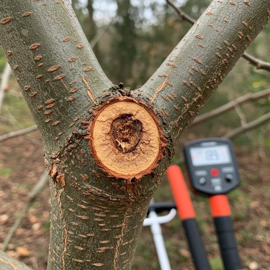Close-up of a tree branch collar and cambium layer, highlighting key indicators of tree health, with tools in the background for assessing tree conditions.