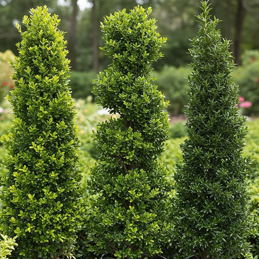 Close-up of three topiary plants featuring boxwood and yew, showcasing dense foliage and ornamental shapes ideal for Florida's climate and topiary pruning.