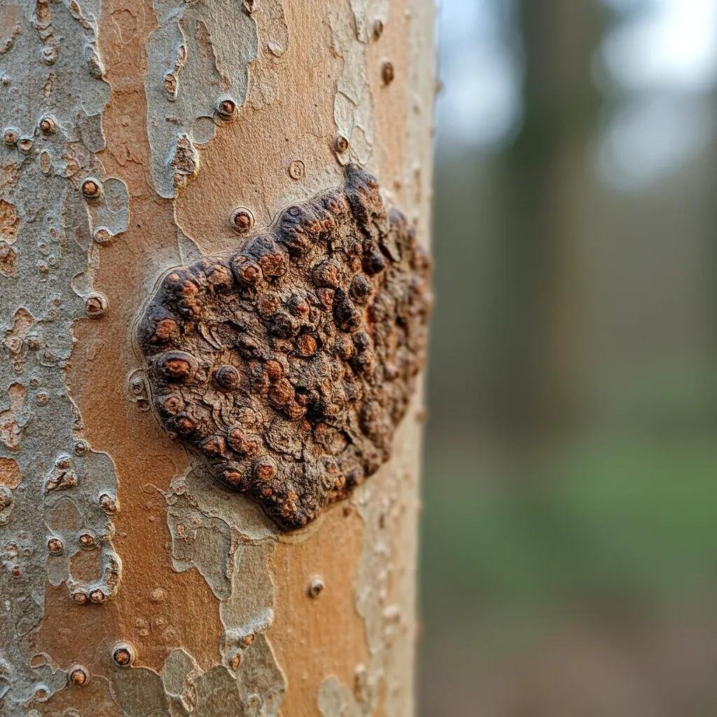 Close-up of tree bark showing cankers and lesions, indicating potential fungal infections and tree health issues.