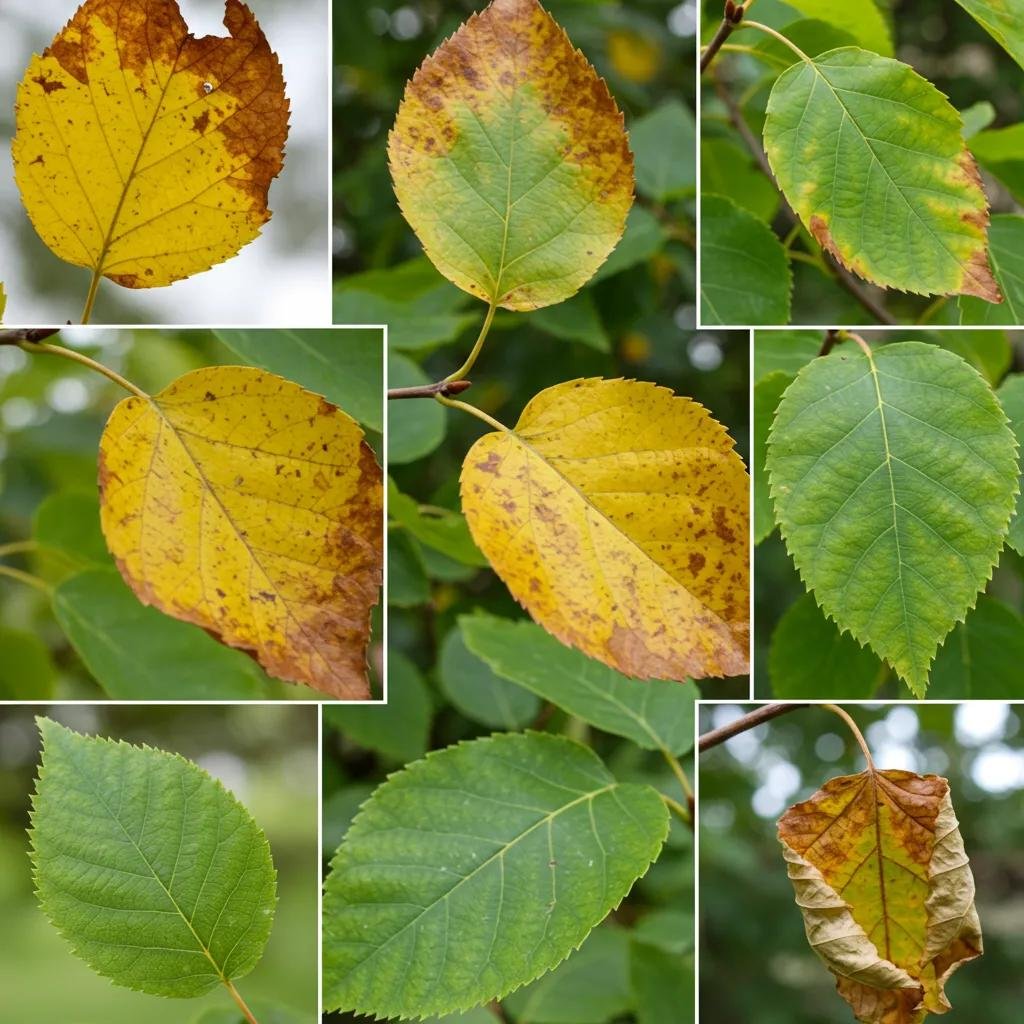 Close-up of various tree leaves displaying symptoms of discoloration, including yellowing, mottling, and wilting, indicating potential tree stress and health issues.