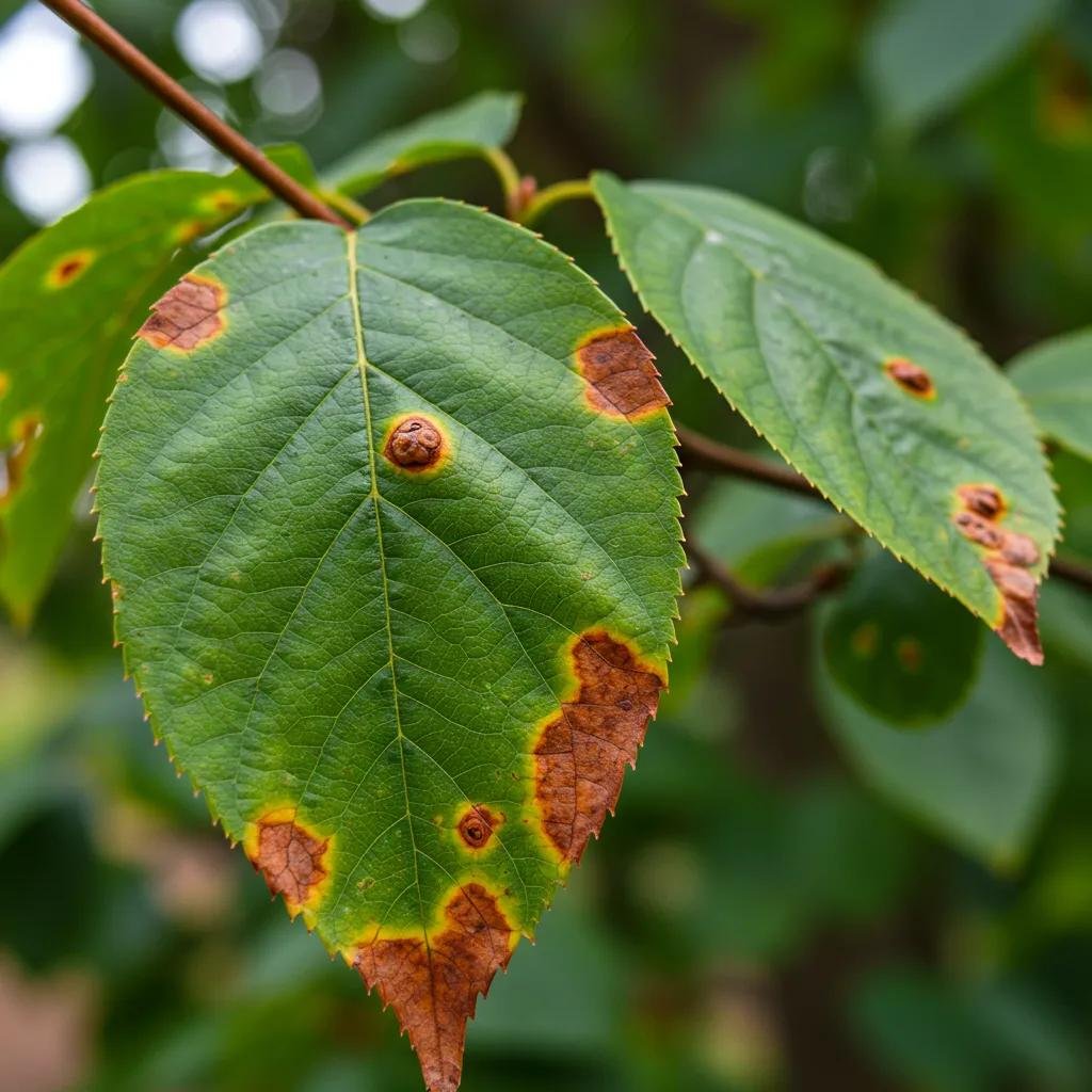 Close-up of tree leaves showing symptoms of common diseases, including discoloration and spots, relevant for identifying and managing tree health issues in Port Orange, Florida.