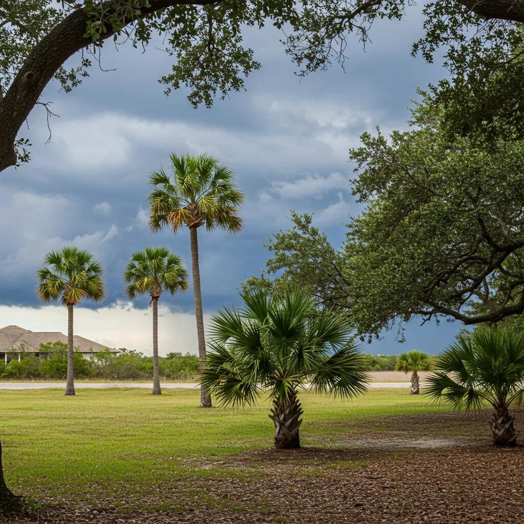 Coastal landscape in Volusia County featuring palm trees and live oaks under a cloudy sky, illustrating local tree care factors.