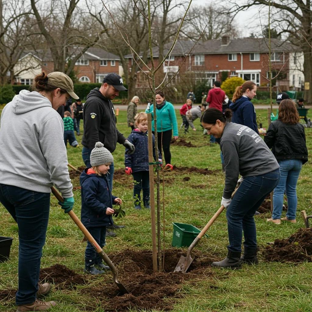 Community members participating in a tree planting event, showcasing engagement in urban forestry initiatives, with adults and children planting trees and using gardening tools in a green space.