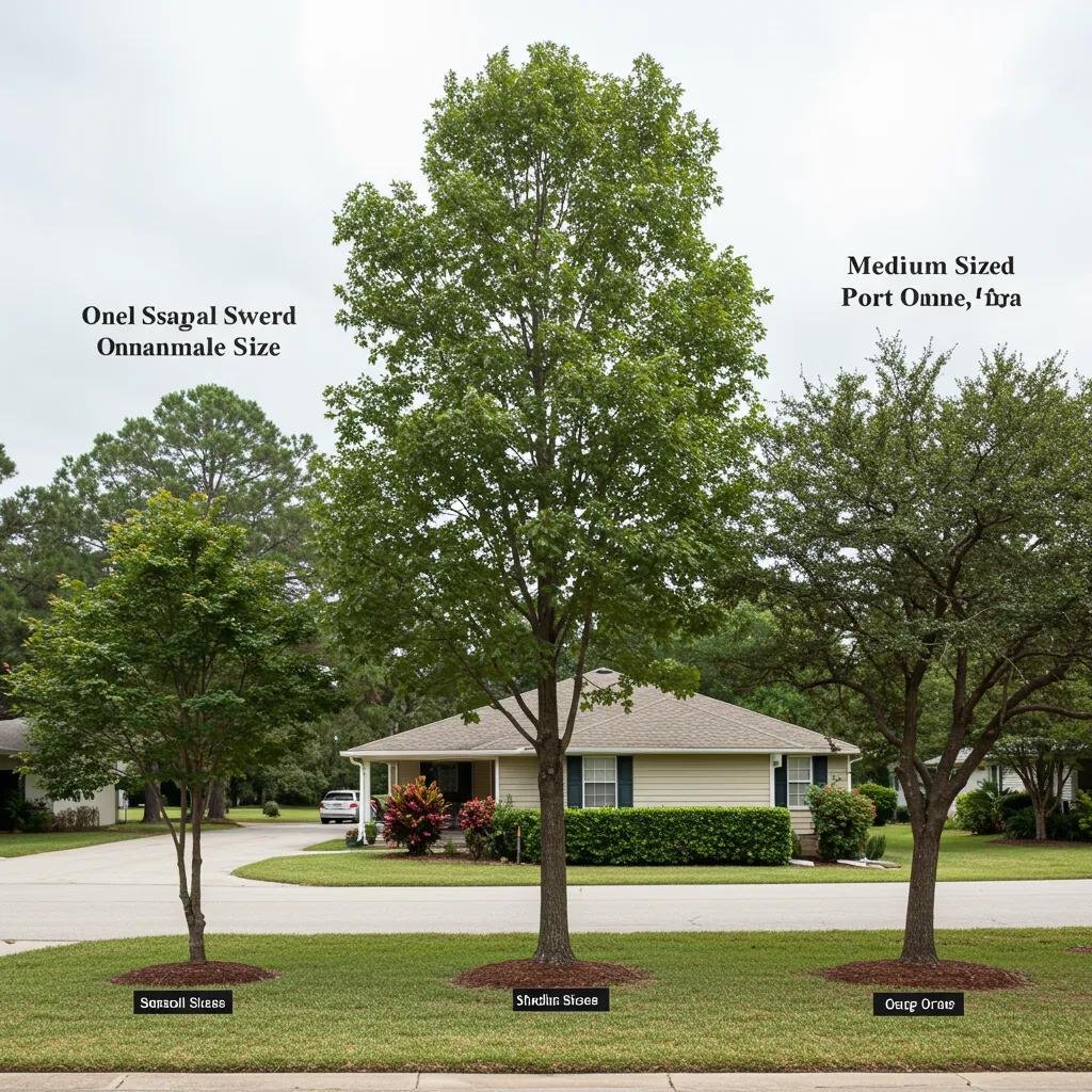 Comparison of small, medium, and large trees in a residential setting in Port Orange, FL, with labels indicating tree sizes.
