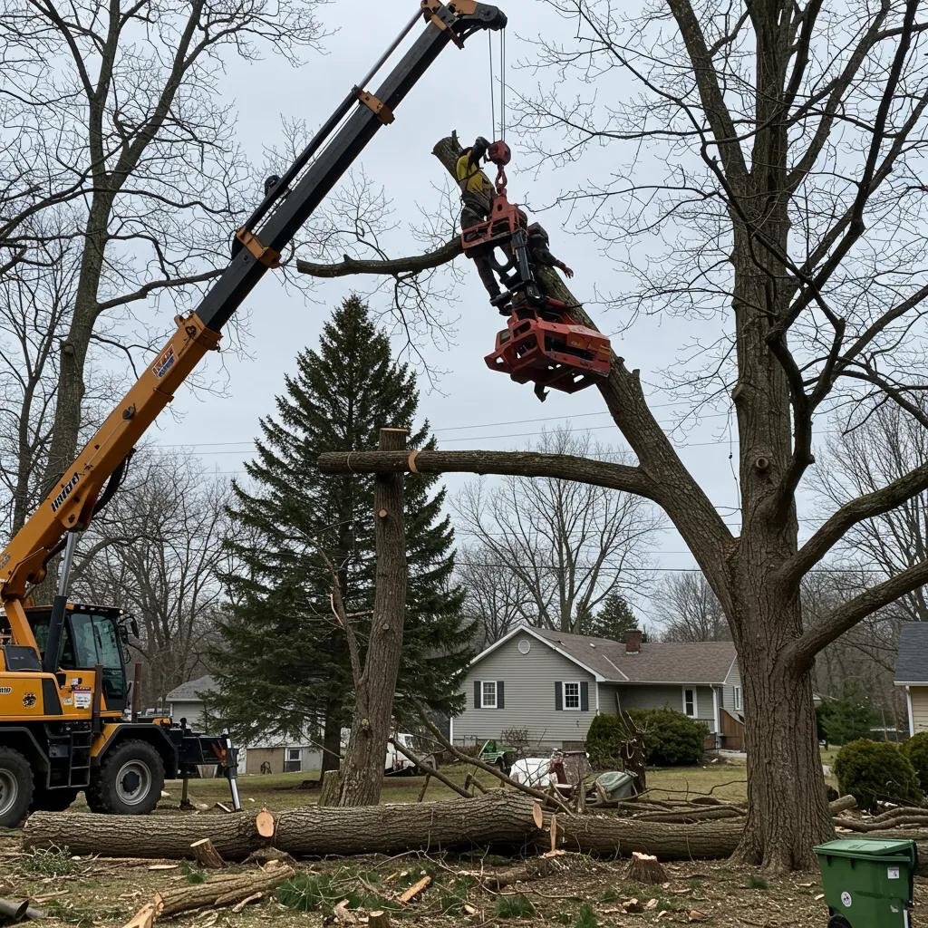 Crane-assisted tree removal with grapple saw, demonstrating advanced techniques for safe sectional dismantling near residential property.
