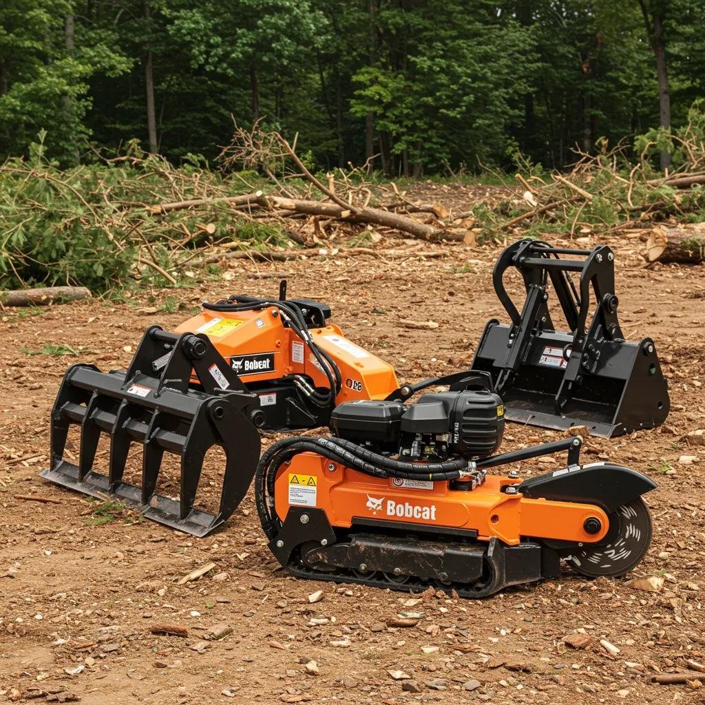 Bobcat attachments for tree removal displayed on a construction site, featuring a stump grinder, grapple, and other equipment, with cleared ground and tree debris in the background.