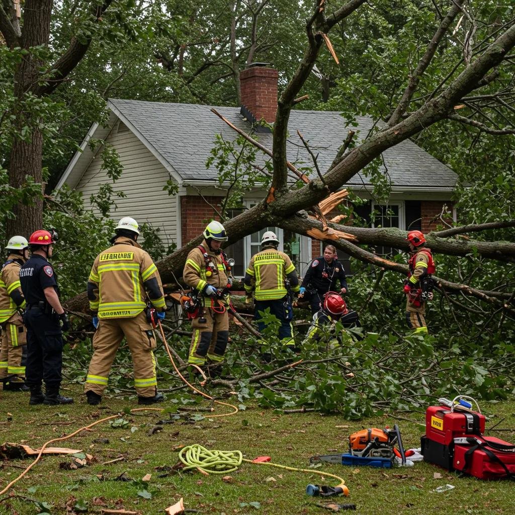 Emergency responders assessing a fallen tree on a house after a storm, surrounded by debris and specialized equipment, illustrating the need for prompt emergency tree removal services.
