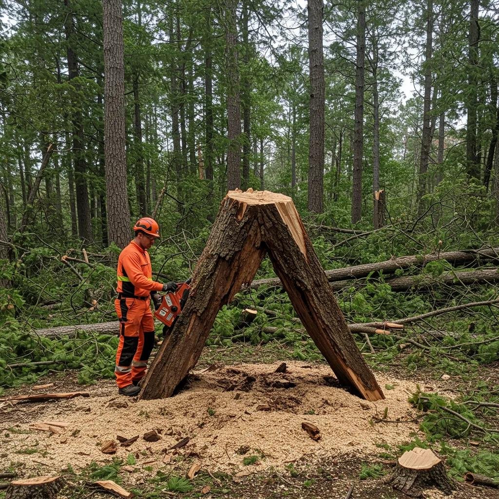 Tree service professional in orange safety gear operating chainsaw on leaning stump in forested area, surrounded by fallen branches and debris.