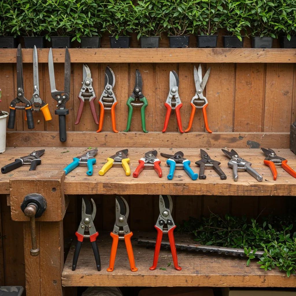 Essential topiary pruning tools displayed on a workbench, including bypass pruners, topiary shears, and hedge trimmers, showcasing vibrant handles and organized arrangement for professional use in landscape maintenance.