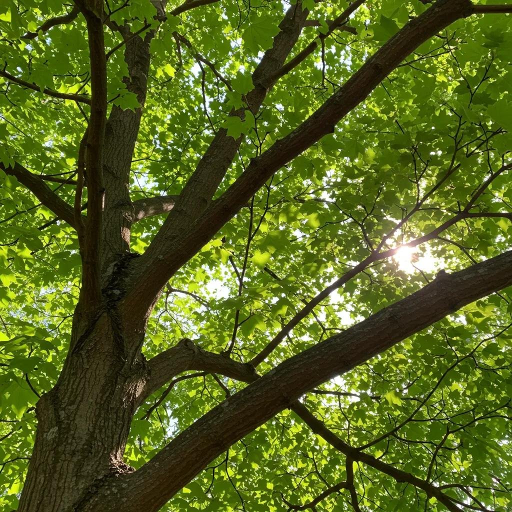 Healthy tree canopy with vibrant green leaves and strong branches, illustrating the benefits of proper pruning for enhanced structure and vitality.