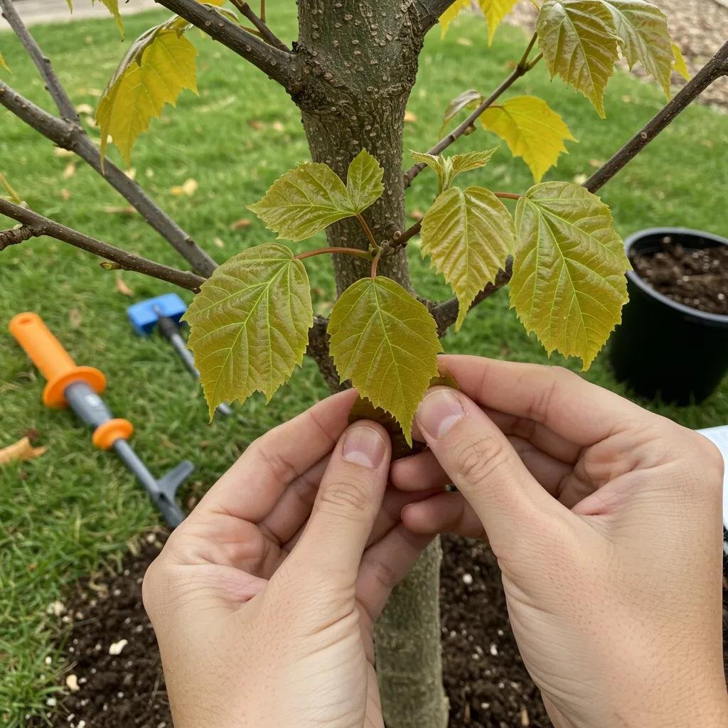Homeowner inspecting tree leaves for health assessment, focusing on bark and foliage, with gardening tools and a potted plant in the background.