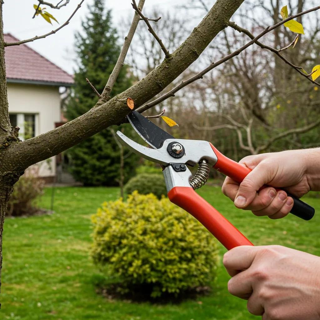 Homeowner pruning a tree branch with shears in a garden, illustrating best practices for tree care and maintenance.