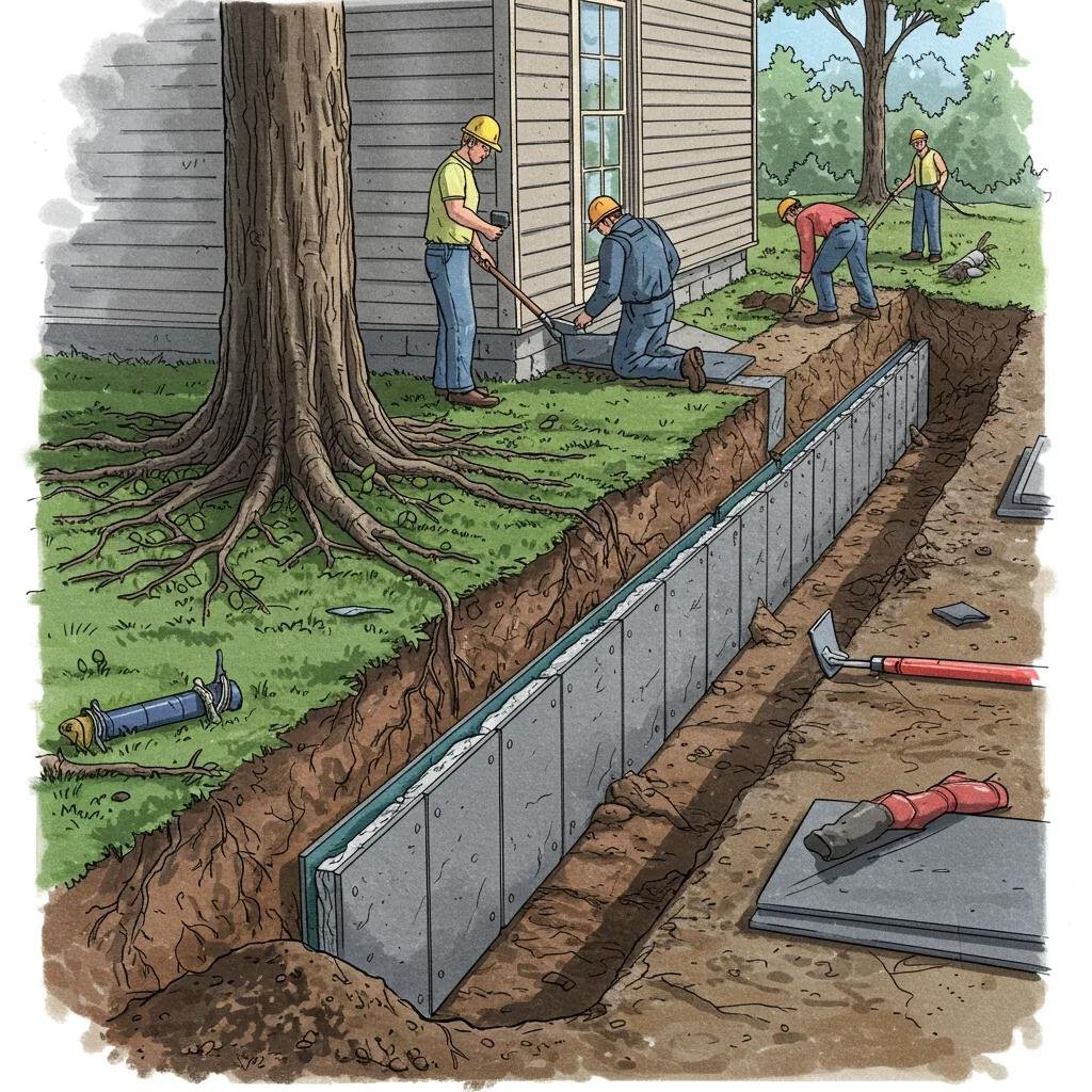 Installation of a root barrier alongside a building foundation, with workers excavating a trench and placing barrier panels, while tree roots are visible nearby.