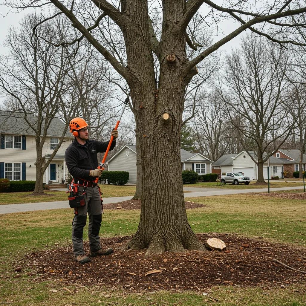 Professional arborist pruning a tree in a residential area, demonstrating sustainable tree care practices for urban forestry.