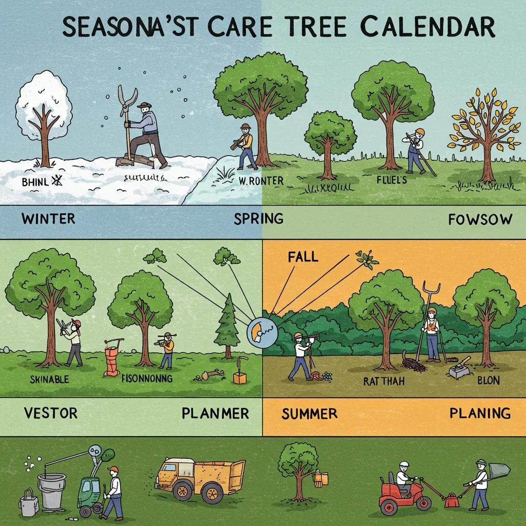 Seasonal tree care calendar illustrating pruning and planting activities for winter, spring, summer, and fall, emphasizing effective scheduling for tree maintenance in Port Orange.