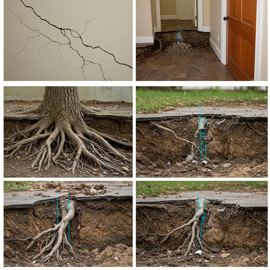 Cracks in walls and uneven floors indicating tree root damage to building foundations, with visible tree roots and soil displacement.