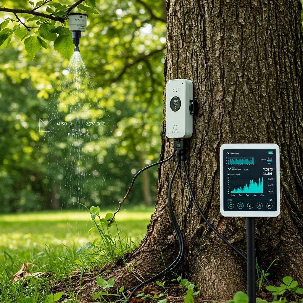 Smart tree health monitoring system with sensors and digital display, showcasing AI technology for tree care, measuring moisture and nutrient levels, and providing data analytics for proactive maintenance.