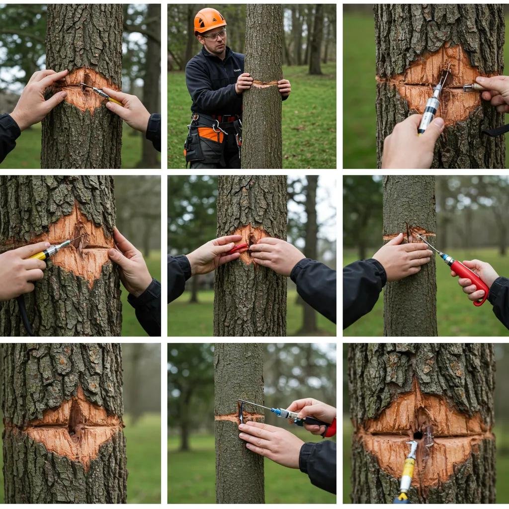 Tree injection process steps, featuring a professional arborist applying treatment to a tree trunk using specialized tools, showcasing various stages of injection for pest and disease management.