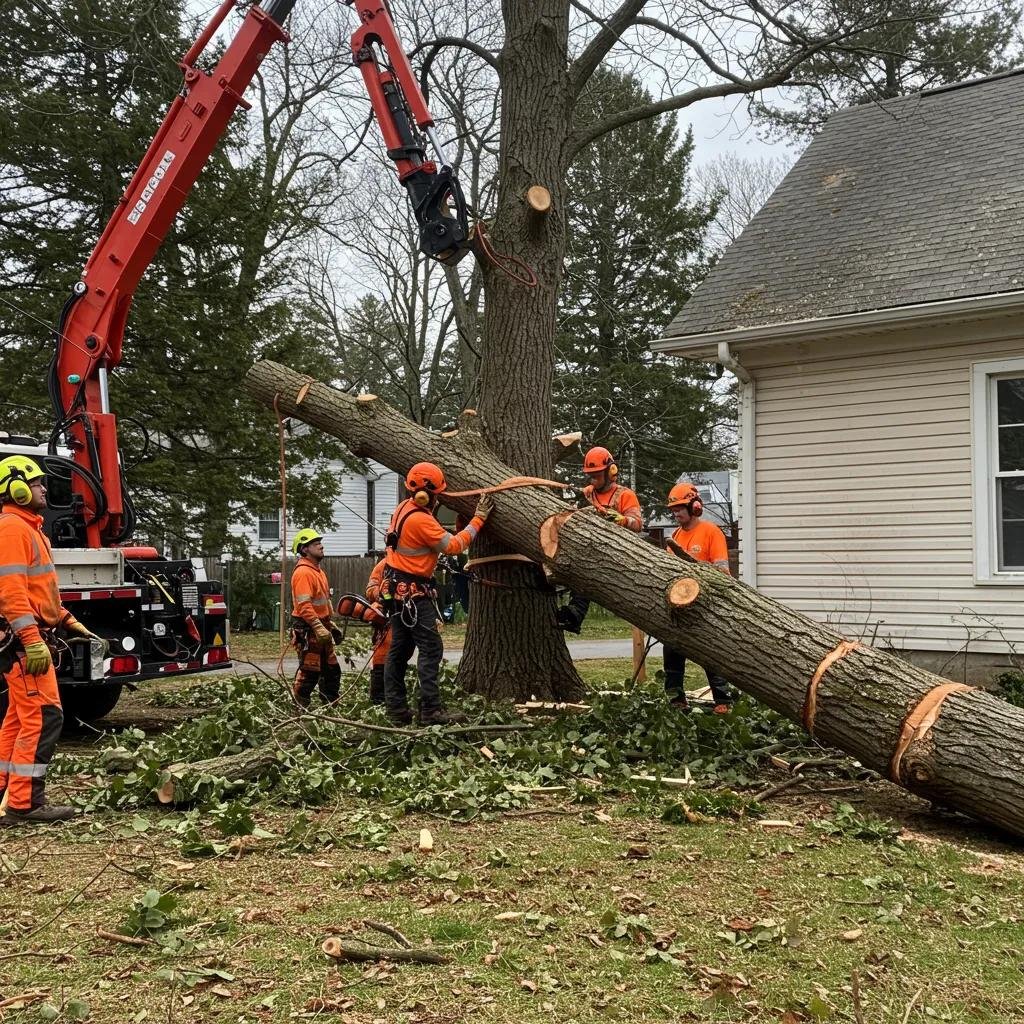 Tree removal crew in safety gear using equipment to remove a hazardous tree near a home, highlighting emergency tree care services.