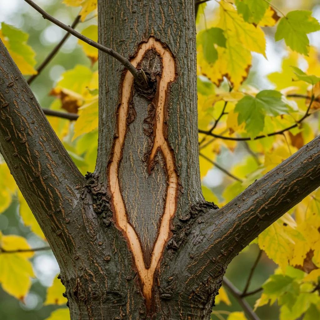 Tree trunk displaying visible signs of distress, including exposed wood and bark damage, surrounded by yellowing leaves, indicating potential health issues and the need for professional assessment.