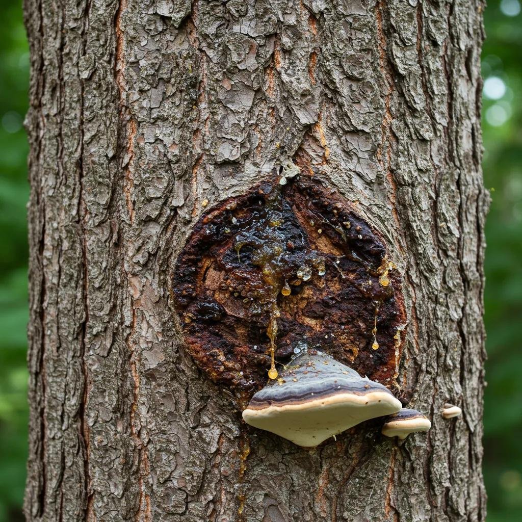Tree trunk displaying bark issues, including cankers, oozing sap, and fungal conks, indicating potential tree disease and structural decline.