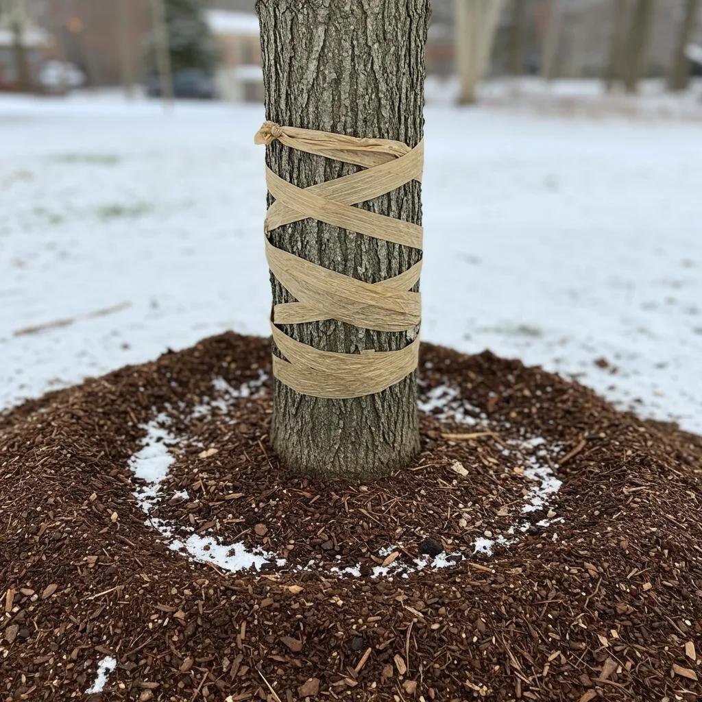 Tree trunk wrapped for winter protection with mulch surrounding the base, illustrating essential winter tree care techniques.