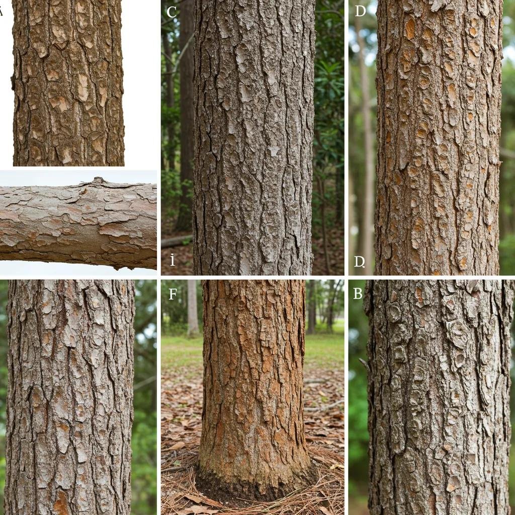Variety of Florida tree bark textures, including smooth, furrowed, and scaly surfaces, illustrating identification cues for species like pines and oaks.