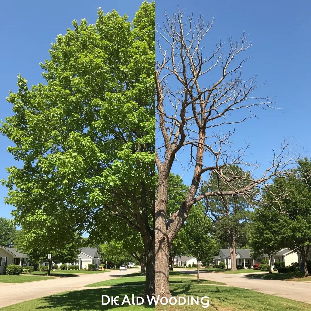 Comparison of healthy tree canopy versus deadwood, illustrating the benefits of deadwooding for tree health