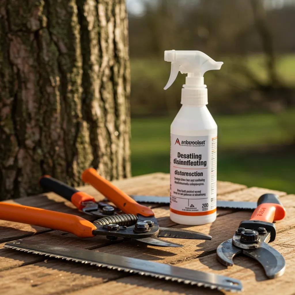 Essential arborist tools for deadwooding, including loppers and pruning saws, arranged for tree care